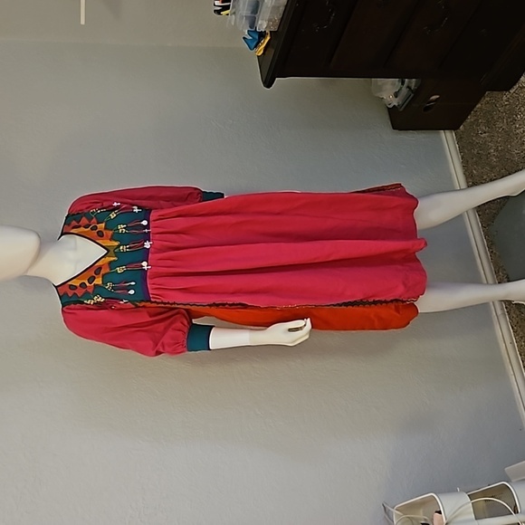 VTG OPUS 1 1970s Mexican Pink Patchwork Horn Beaded Fringe Boho Festival Dress - Picture 2 of 16